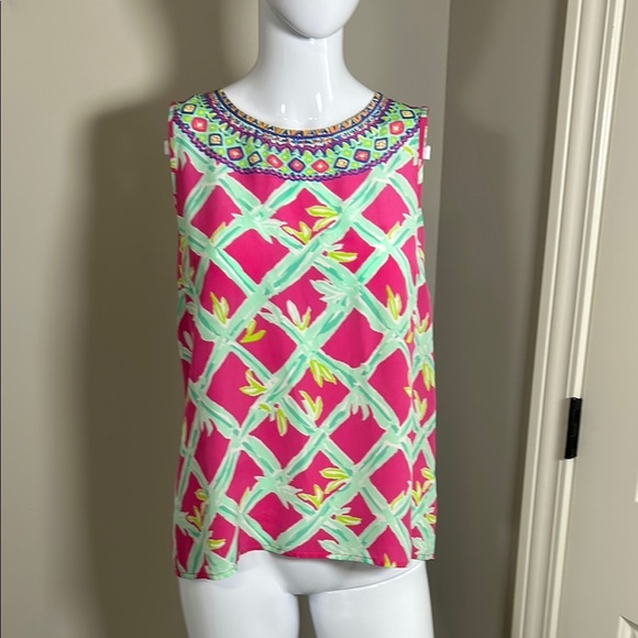 Lilly Pulitzer lona Sleeveless Silk Top Button Back Shirt Pink Green Crewneck S - Picture 3 of 13